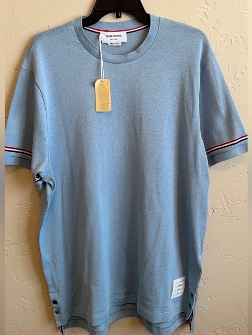Thom Browne Sky Blue Short Sleeve Crewneck with Tricolor Sleeve Trim